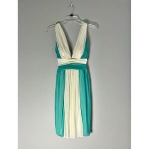 Charlotte Russe Teal Ruched Waist V Neck Sleeveless Mini Dress M Y2K Babydoll